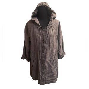 ORGANIC LINEN EILEEN FISHER Women’s SZ L Anorak Jacket Button Pockets Hood Brown